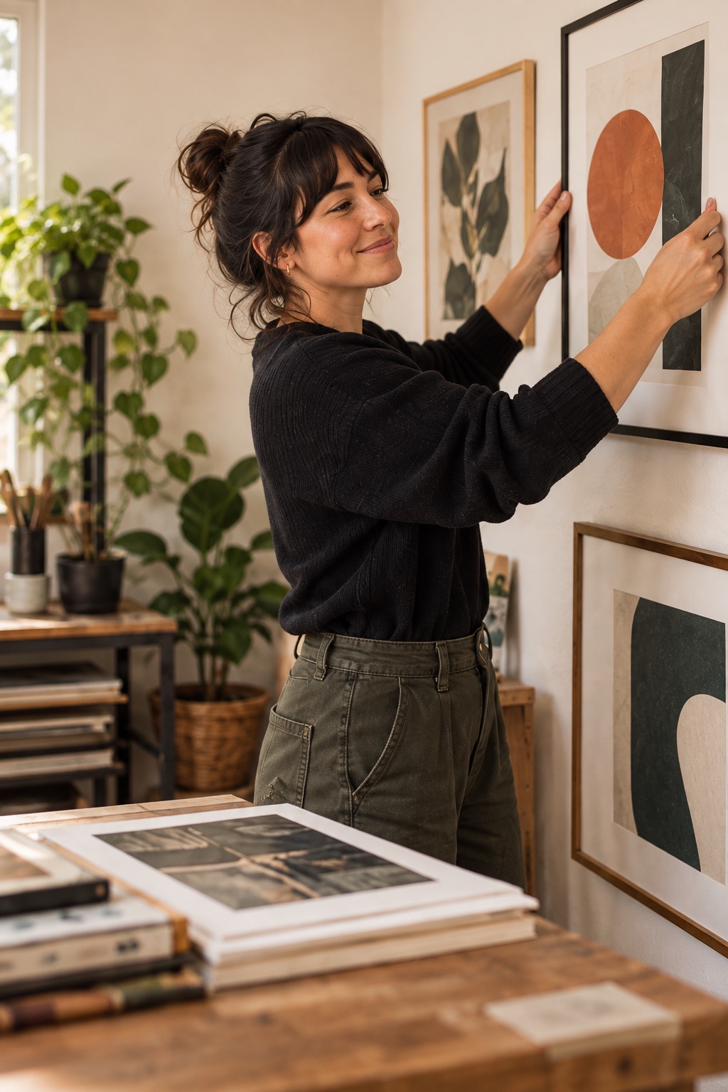 A creative-business owner hanging a finished print in her studio