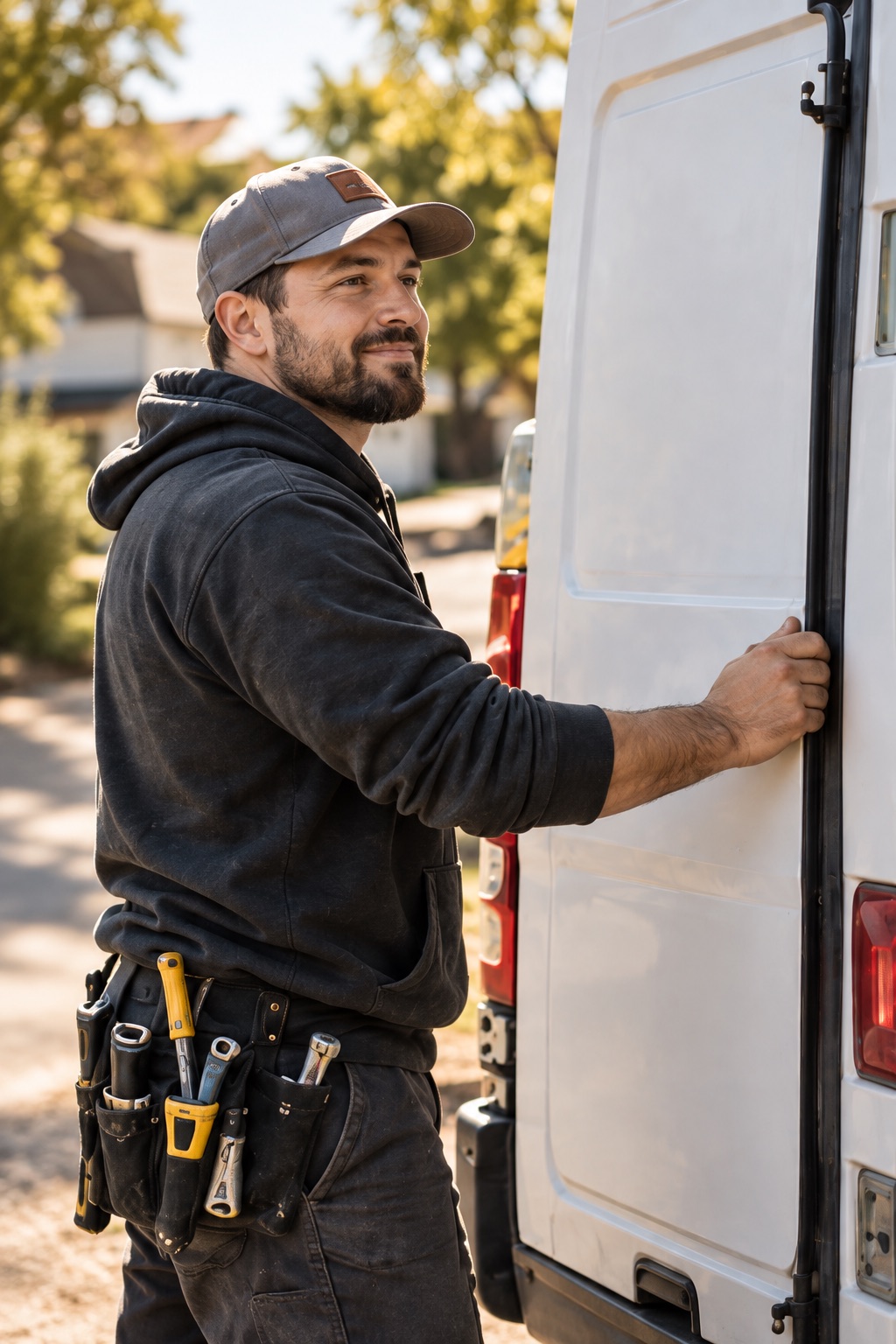 An electrician wrapping up his workday beside his service van